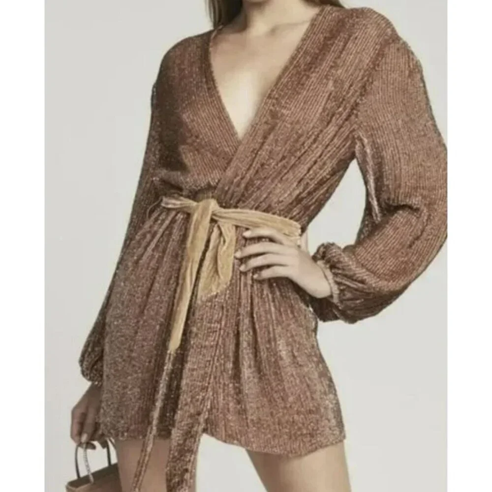 Retrofete $635 Bronze Mini Dress Gabrielle Sequin Velvet Belted Wrap NWT Medium
